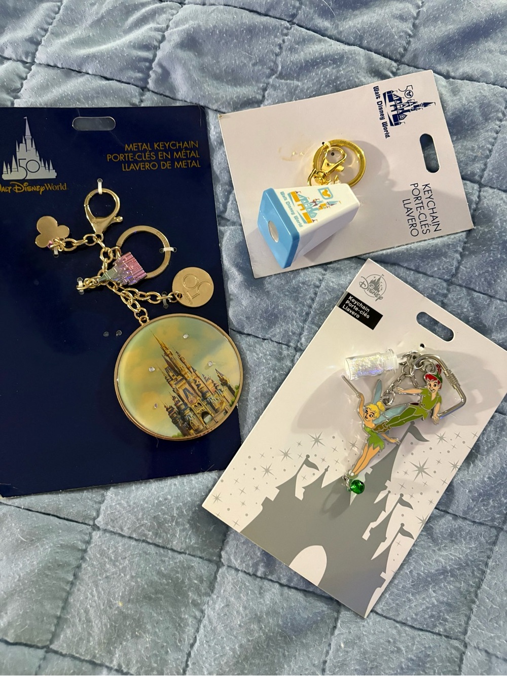 Disney Castle 50th Tinker Bell Keychain Set - Gold Blue, Green set of 3! ✨